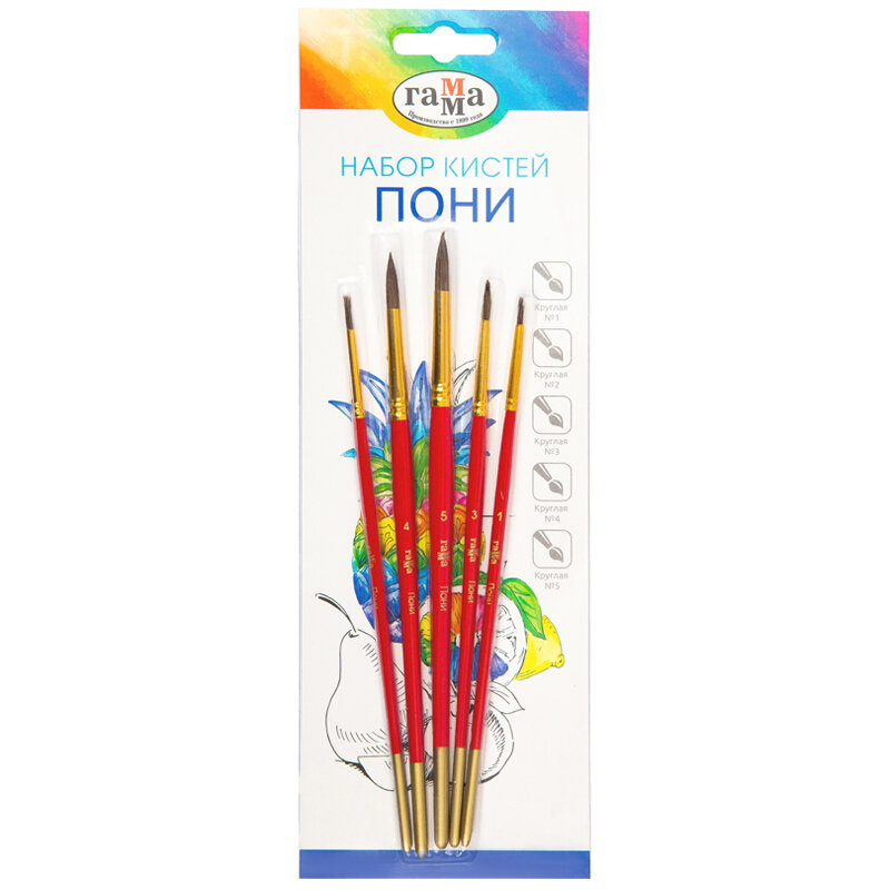 Набор кистей Гамма 'Классические' 5 шт, пони, круглые №1, 2, 3, 4, 5, европодвес, 230818.01.01