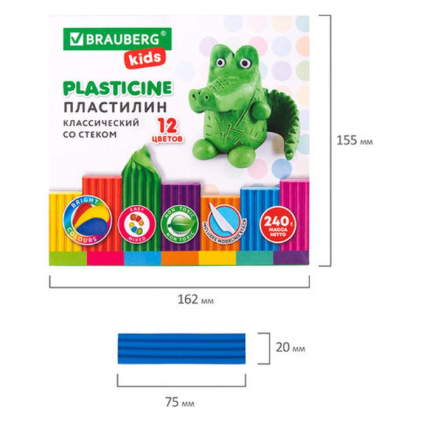 Пластилин 12 цв. BRAUBERG KIDS, 240 г, со стеком, 106436